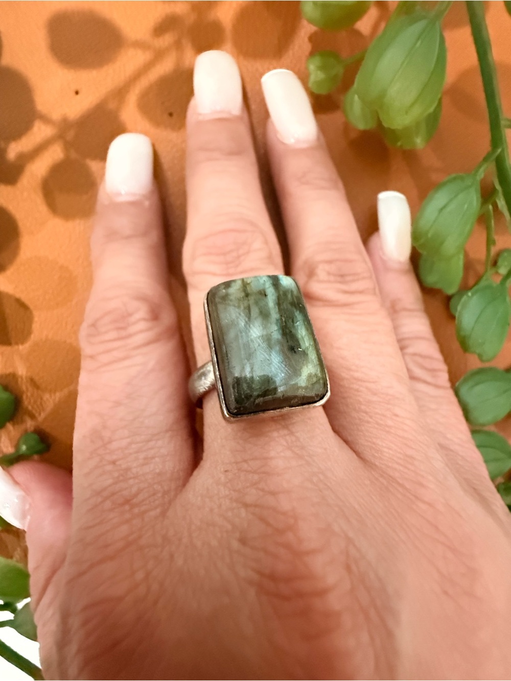 Green Labradorite Sterling Silver Rectangle Ring - Unbranded